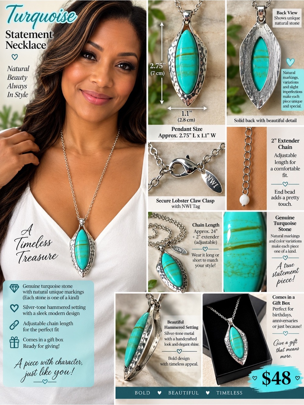 Turquoise Statement Necklace - Natural Turquoise Pendant